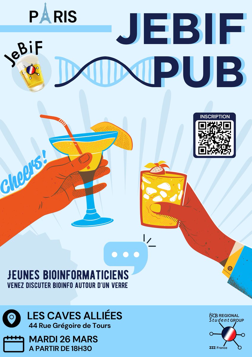 🚨𝙅𝙚𝘽𝙞𝙁 𝙥𝙪𝙗 𝙋𝘼𝙍𝙄𝙎🚨 #bioinformaticien ? Stagiaire? doctorant? Venez discuter de #bioinformatique et passer un bon moment autour d'un verre !🧬🍻 📍𝗣𝗔𝗥𝗜𝗦: le 26/03 à 18:30 𝘼𝙪𝙭 𝘾𝙖𝙫𝙚𝙨 𝘼𝙡𝙡𝙞𝙚𝙚𝙨, 44 Rue Grégoire de Tours