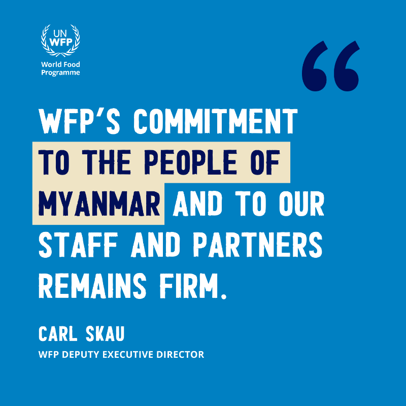 WFP's tweet photo. More than 2.7 million people in #Myanmar are displaced and 1 in every 4 is at risk of acute food insecurity.

WFP staff are living in this crisis and responding to it at the same time. 

They and our partners need stronger international support, says WFP's @CarlSkau.