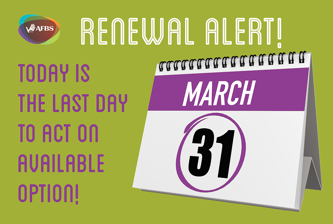 RENEWAL ALERT 🛑! Today is the last day for you to act on any available option regarding your insurance coverage for the 2024 Benefit Year. Get all the details at bit.ly/3VipBro and take action by midnight ET ⏰ at afbs.ca/login