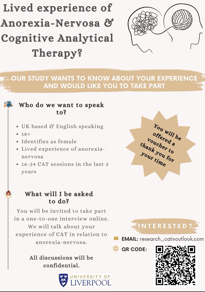 PARTICIPATION IS OPEN 📢 

Have you got lived experience of Anorexia-Nervosa &amp; CAT therapy? 

We’d love to hear from you - please get in touch below if you’re interested… We look forward to chatting with you✨