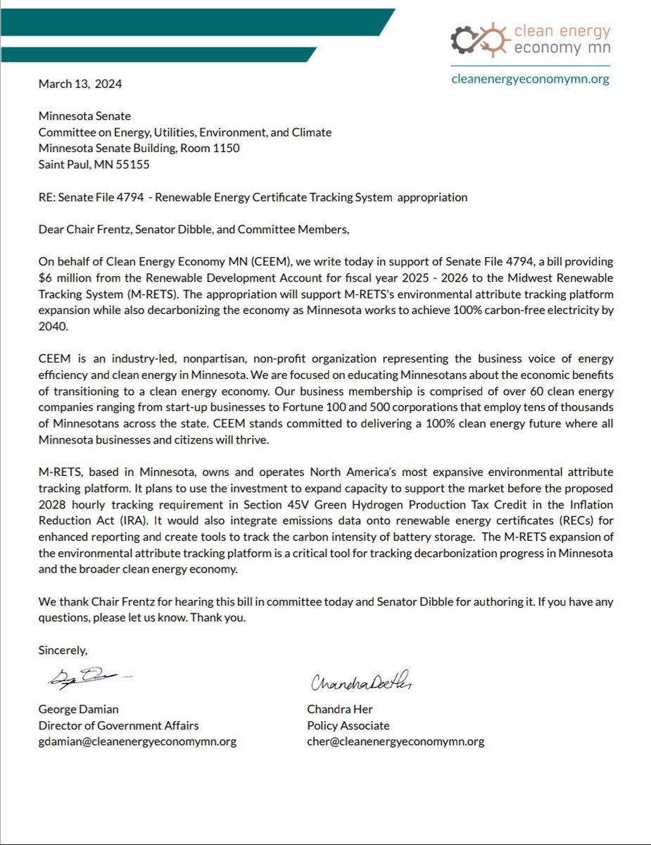 CEEM supporting SF4794 today in Senate Energy. The bill supports the expansion of M-RETS's @TrackEnergy Environmental Attribute Tracking Platform and will be a critical tool to tracking the decarbonization progress in Minnesota and beyond. #WeNeedCleanMN