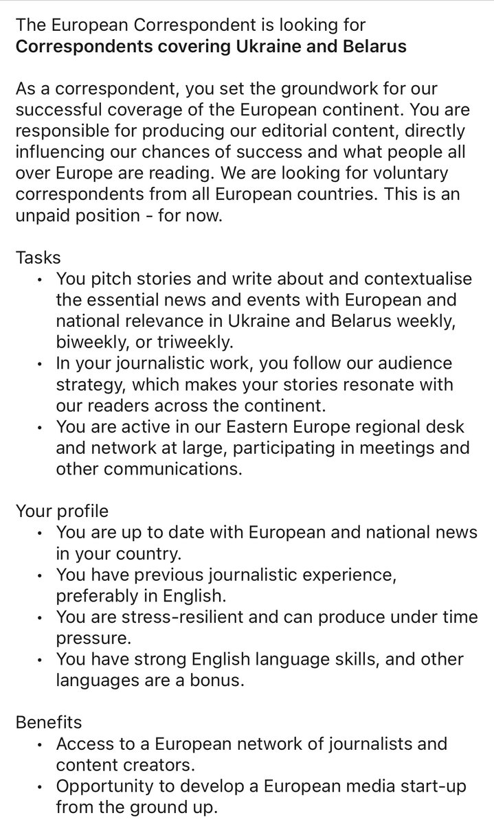 A 'start-up' is 'recruiting' unpaid 'correspondents' with previous journalistic experience in Ukraine. This kind of job ad is so irritating