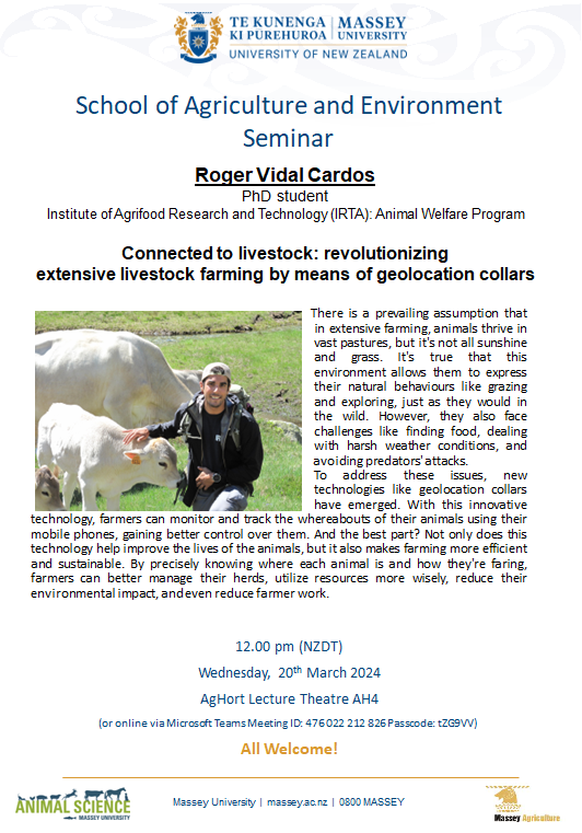 rogervidalcat's tweet photo. I'm glad to participate in the SAE Seminar in the Massey University to talk about my PhD focus on improving extensive farming by means of geolocation collars

#geolocationcollars #extensivefarming #animalwelfare #PhD

link online: https://t.co/eyumAvdAme https://t.co/931xbhiuVb