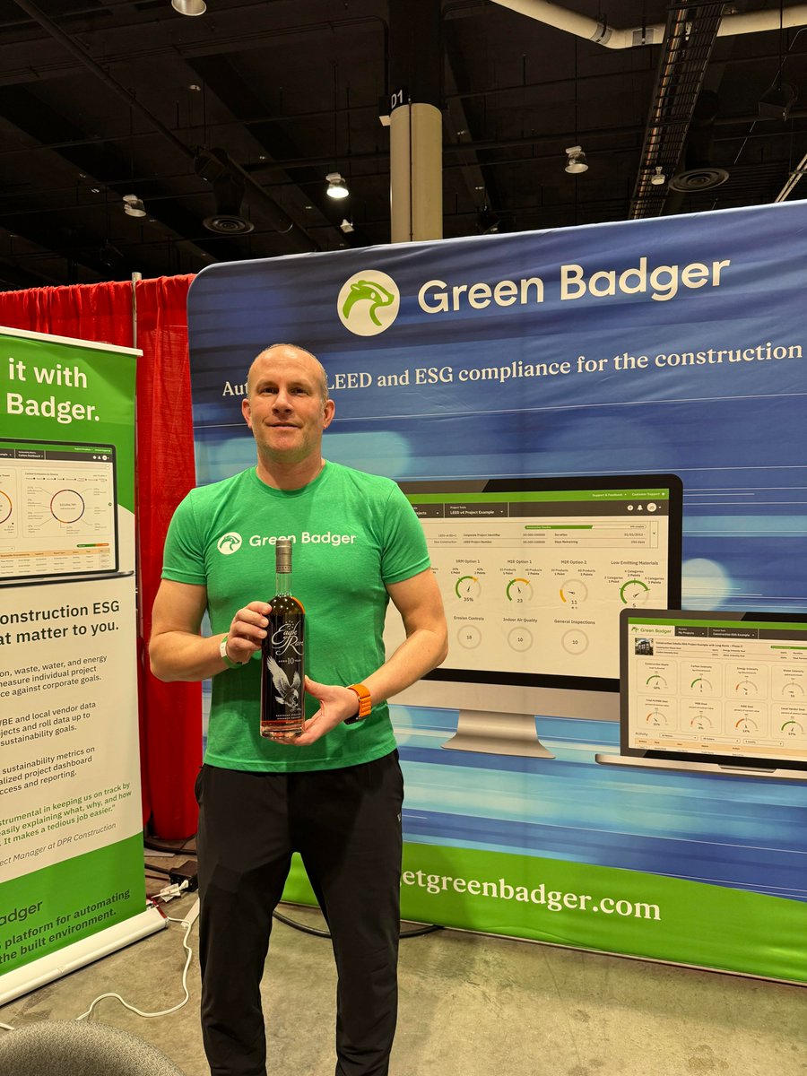 getgreenbadger's tweet image. We are all set up for the ABC Convention. Stop by booth 1101 for your chance to win a bottle of Eagle Rare 10-Year Bourbons and pick up some sweet Green Badger swag!

#ABCconvention2024 #easyLEED #simplifyESG #GreenBadger #ABCmembers #construction #eaglerare