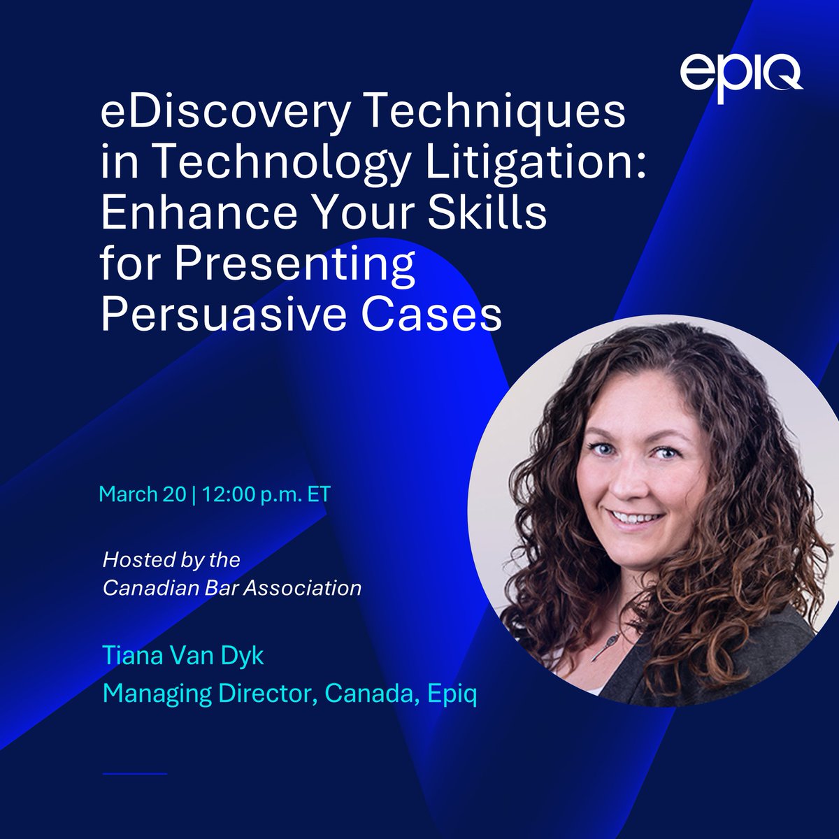 EpiqGlobal's tweet image. Enhance your #eDiscovery skills for #technologylitigation cases. Join @tiana_vandyk for a @CBACompetition-hosted webinar where you’ll learn practical exercises in managing and analyzing data, how to minimize legal and ethical violation risks, and more. epiqglobal.com/en-ca/about-us…