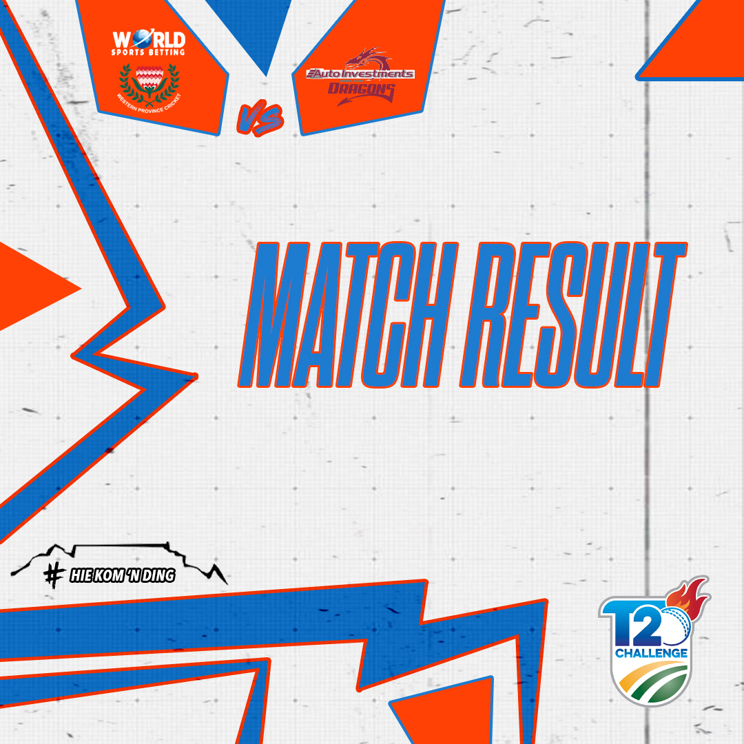 MATCH RESULT | World Sports Betting Western Province won by 4 runs. 

Auto Investments Dragons 184/6 (20).

De Swardt (16*), Muthusamy (11*). Hermann 90, van Tonder 34, Lubbe 20.  

Simmonds 2/16, Hendricks 2/28.

#WPcricket #WozaNawe #T20challenge #WSBWP🧡 #BoysInBlue💙