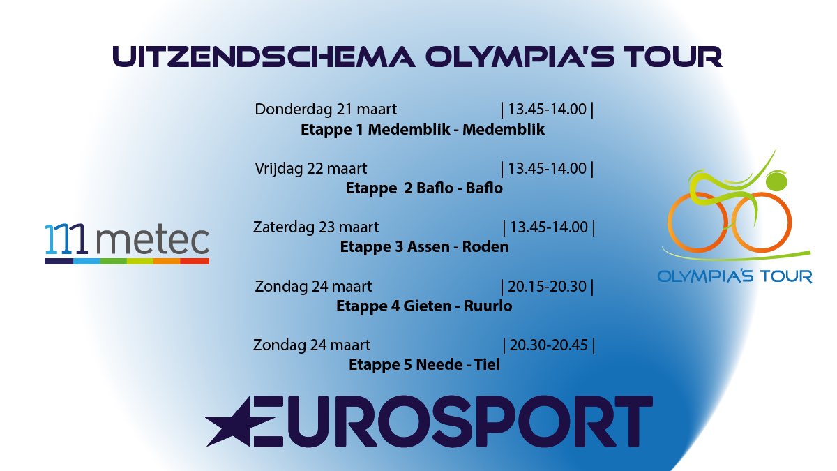 🚴‍♂️‼️𝙊𝙡𝙮𝙢𝙥𝙞𝙖’𝙨 𝙏𝙤𝙪𝙧 𝙗𝙞𝙟 𝙀𝙪𝙧𝙤𝙨𝙥𝙤𝙧𝙩‼️ Alle etappes zijn van de 🏳️start in Medemblik tot de 🏁finish Tiel in samenvatting te zien <a href="/Eurosport_NL/">Eurosport Nederland</a>. Iedere dag met dank aan <a href="/UtilitysNL/">Utilitys</a>🎥

Zie onderstaand het uitzendschema⬇️

#OT2024