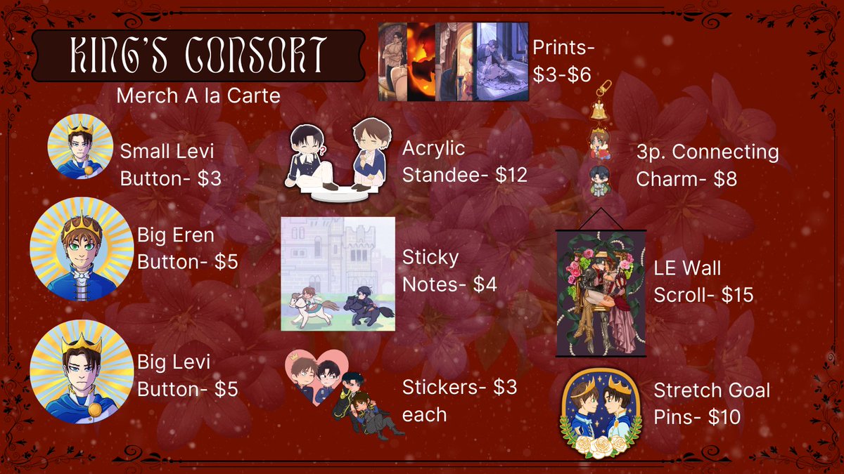 📜Members of the Kingdom!!📜

For anyone wondering, our price and quantities will be as follows! We have extremely limited stock, so make sure to get your orders in ASAP!

Our leftovers open in THREE days!!

📅Saturday, March 16th
⏲️12:00PM Eastern