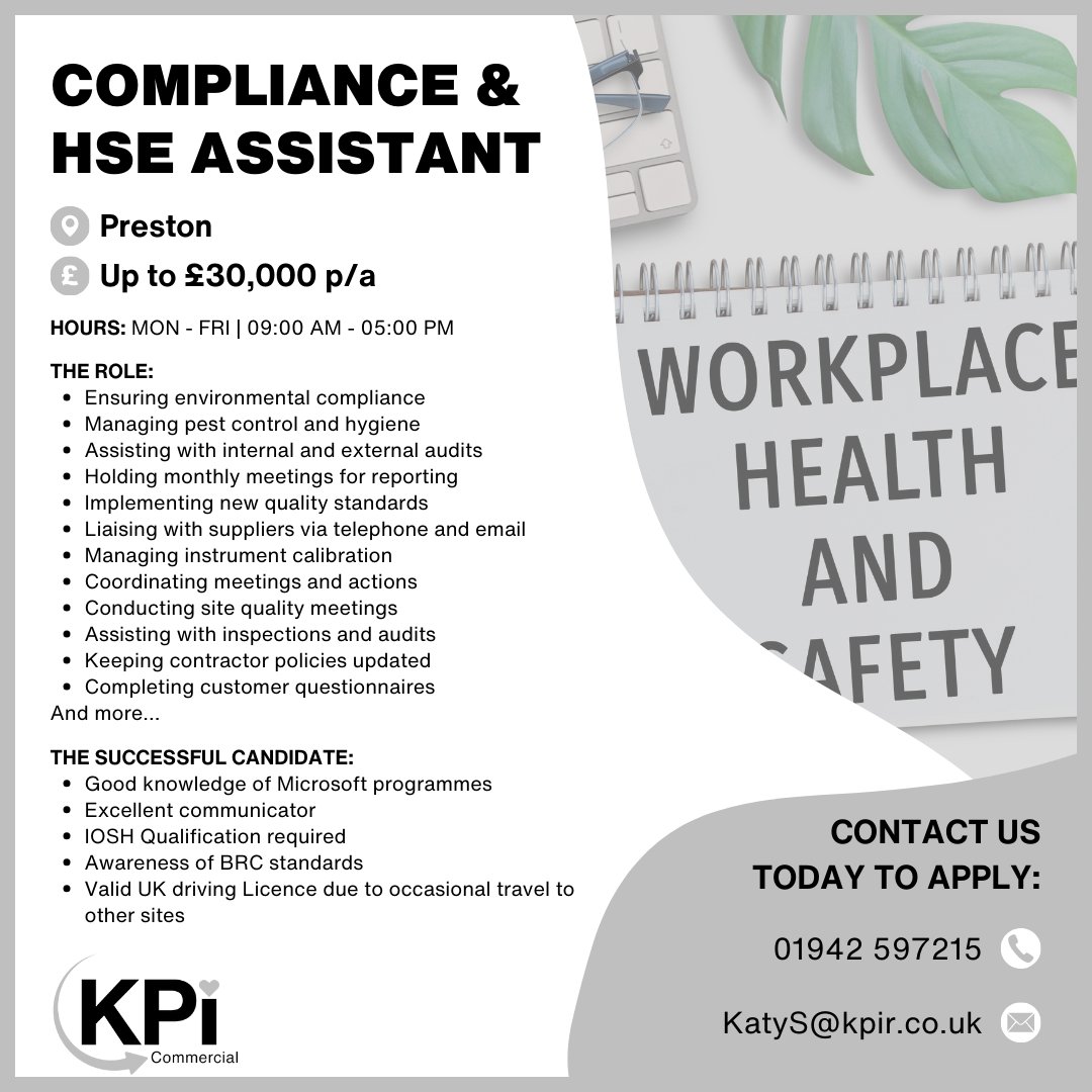 **COMPLIANCE & HSE ASSISTANT** Preston. Up to £30,000 p/a

Call 01942 597215 or email KatyS@kpir.co.uk to apply.

Visit bit.ly/KPIComJob to find MORE jobs like this!

#ComplianceJobs #Health AndSafteyJobs #HSEAssistant #PrestonJobs #LeylandJobs #JobSearch #KPIRecruiting