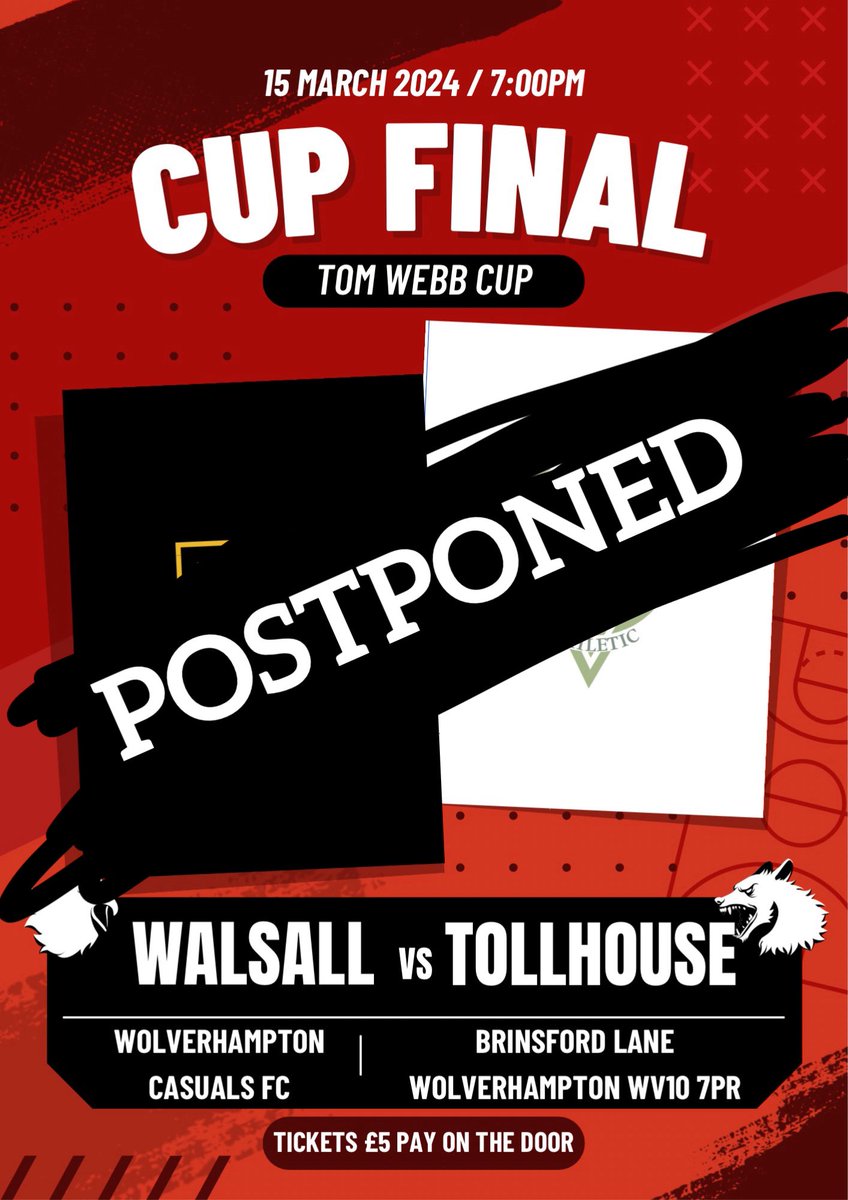 ⚽️ GAME OFF ⚽️
This Fridays final has been postponed. Will update everyone with the new date as soon as possible. 

If you want to catch us this week we will be in action at The Rec in Darlaston against AFC KT Rangers Sunday 10:30am kickoff in the Charity Cup Quarter final!