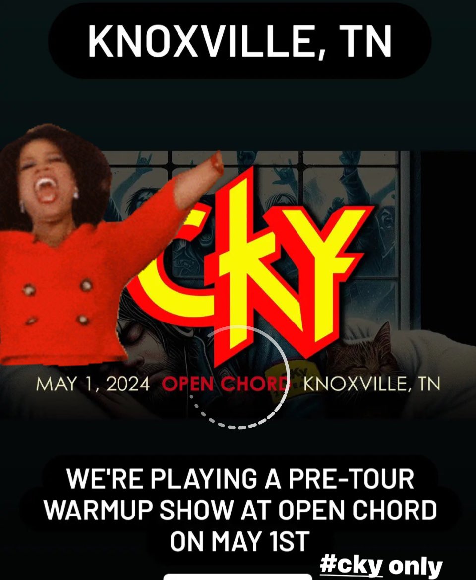 #Knoxville TN. Pre-tour warm-up show 5-1 at open chord ! Tickets for shows are NOW ON SALE everywhere, via CKY.soundrink.com and venue websites! VIP packages are also still available! #CKY #NewReasonToDream #CKY25 #Crobot #XCops #tourdates