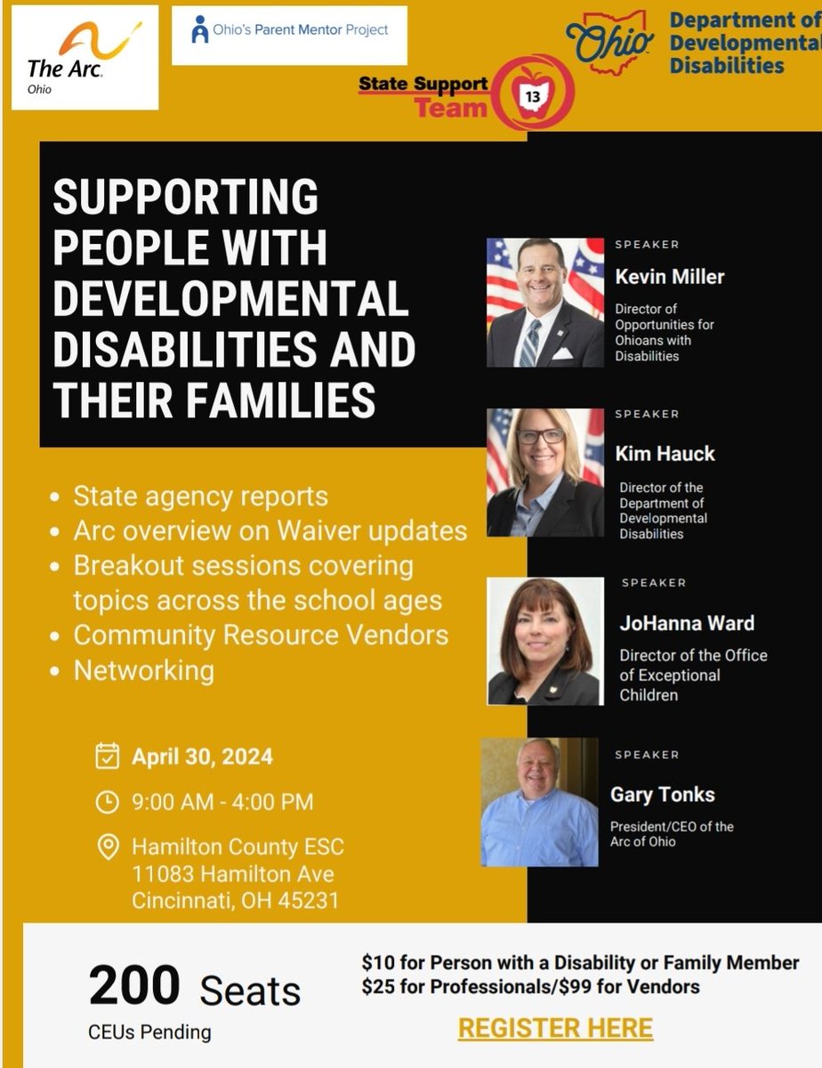 The Arc of Ohio, State Support Team 13 and the Ohio Department of Developmental Disabilities will host a conference, 04-30-24, focused on supporting people with developmental disabilties throughout their lifespan.

Lunch included. 

#ParentMentorsRock

eventbrite.com/e/supporting-p…