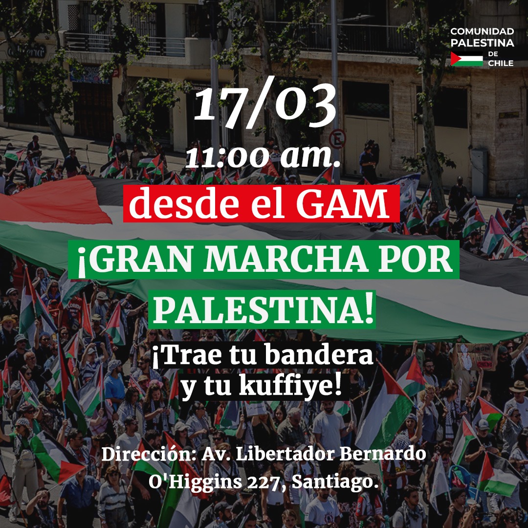 ¡Únete a la GRAN MARCHA POR PALESTINA! 🇵🇸✊

Este domingo 17 de marzo, nos encontraremos en el GAM a las 11:00hrs. para mostrar nuestra solidaridad con Palestina y unirnos para exigir un #altoalfuego

¡No olvides traer tu bandera y kuffiye! 🇵🇸🍉

📅 Domingo 17 de marzo
⏰