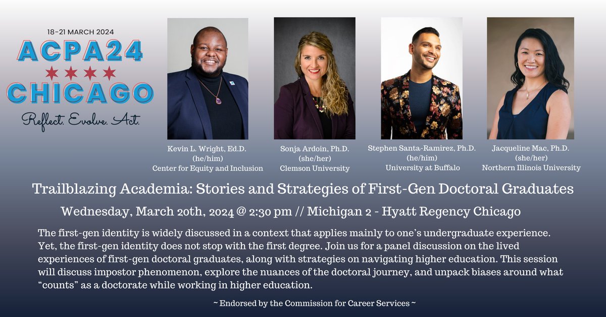 I can't wait to engage in this conversation with colleagues about navigating doctoral programs and higher education as first-gen scholar-practitioners. So excited to have this discussion at the annual convention hosted by @ACPA!

#ACPA100 #ACPA24 #FirstGen #HigherEducation