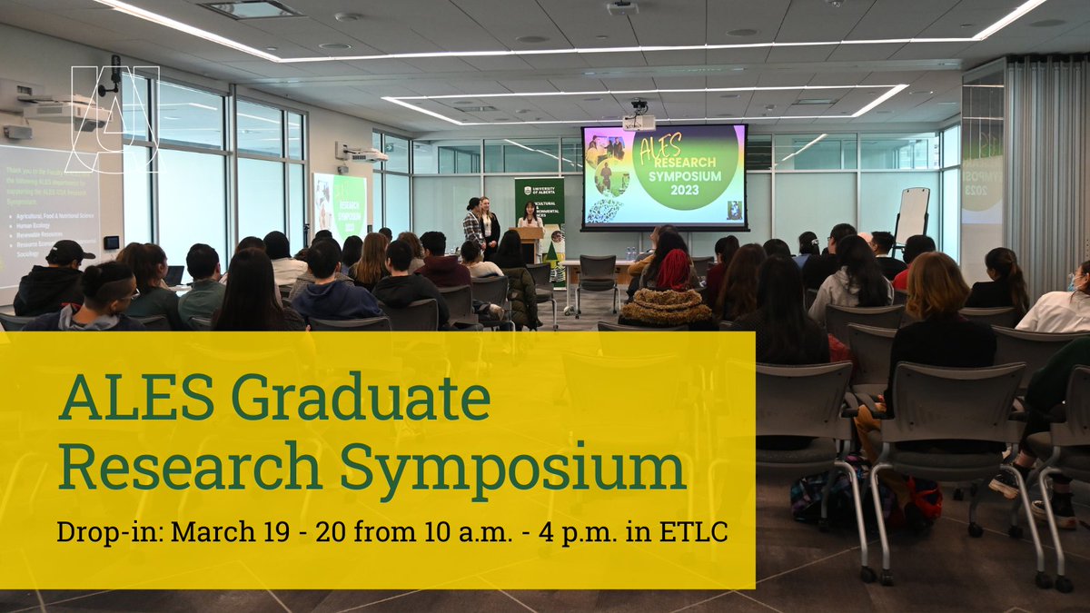 The ALES Graduate Research Symposium showcases research from our grad students, research assistants &amp; postdocs! Drop in for oral/poster research presentations and networking. Tues, March 19, 10 am-4 pm and Wed, March 20, 10 am-3 pm. ETLC E6-059 and E6-064 bit.ly/3TdkzcZ