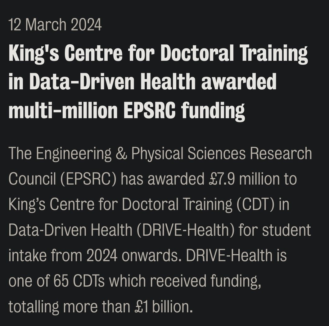 Congrats 🎉. Looking forward to training the next generation of #NHS data scientists for data-driven #healthcare and future safe development of #healthAI kcl.ac.uk/news/kings-cen…