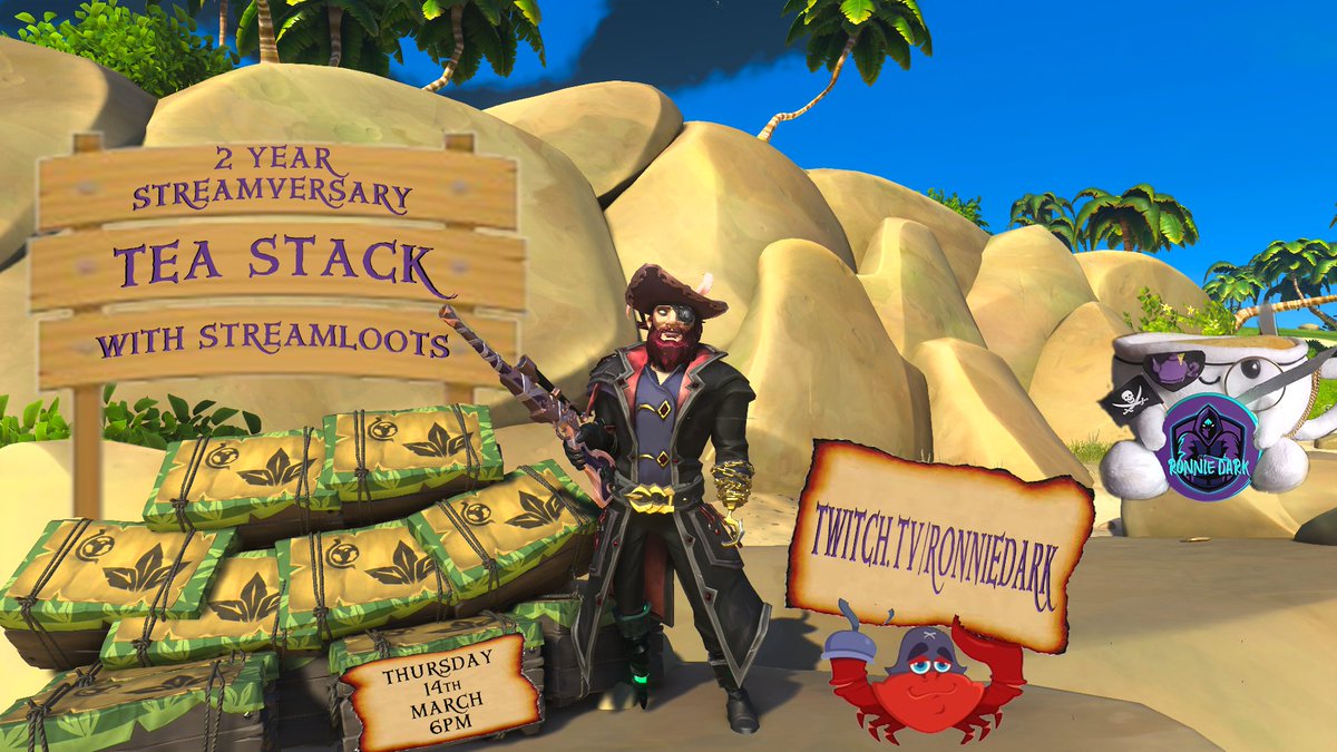 ronniedark007's tweet photo. The TEA STACK starts tomorrow!!!!

Make sure to tune into https://t.co/kCFOE3dtLI at 6pm GMT to watch me &amp; my crew embark on this epic quest!!

Plus Streamloots will be active!!!!

#BeMorePirate #SeaOfThieves #BrewCrew #TeaStack #Streamversary #Streamloots https://t.co/XT6PXqXOt9