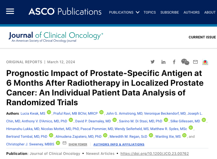 Yüksel Ürün (@dryukselurun) on Twitter photo PSA After Radiotherapy: Key for Prostate Cancer Survival
6-month PSA level predicts long-term outcomes in patients treated with RT for localized prostate cancer.
⭕️Low PSA (<0.1 ng/mL) linked to better survival rates.
<a href="/ASCO/">ASCO</a> <a href="/JCO_ASCO/">Journal of Clinical Oncology</a> <a href="/ChrisSweens1/">Christopher Sweeney, MBBS</a> <a href="/mattsydes/">Matt Sydes</a> <a href="/OncoAlert/">OncoAlert</a> PSA After Radiotherapy: Key for Prostate Cancer Survival
6-month PSA level predicts long-term outcomes in patients treated with RT for localized prostate cancer.
⭕️Low PSA (<0.1 ng/mL) linked to better survival rates.
<a href="/ASCO/">ASCO</a> <a href="/JCO_ASCO/">Journal of Clinical Oncology</a> <a href="/ChrisSweens1/">Christopher Sweeney, MBBS</a> <a href="/mattsydes/">Matt Sydes</a> <a href="/OncoAlert/">OncoAlert</a>