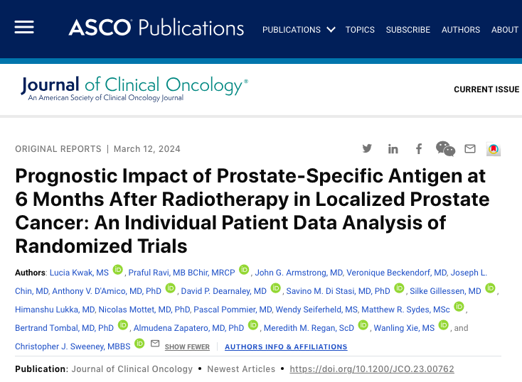 PSA After Radiotherapy: Key for Prostate Cancer Survival 6-month PSA level predicts long-term outcomes in patients treated with RT for localized prostate cancer. ⭕️Low PSA (<0.1 ng/mL) linked to better survival rates. @ASCO @JCO_ASCO @ChrisSweens1 @mattsydes @OncoAlert…