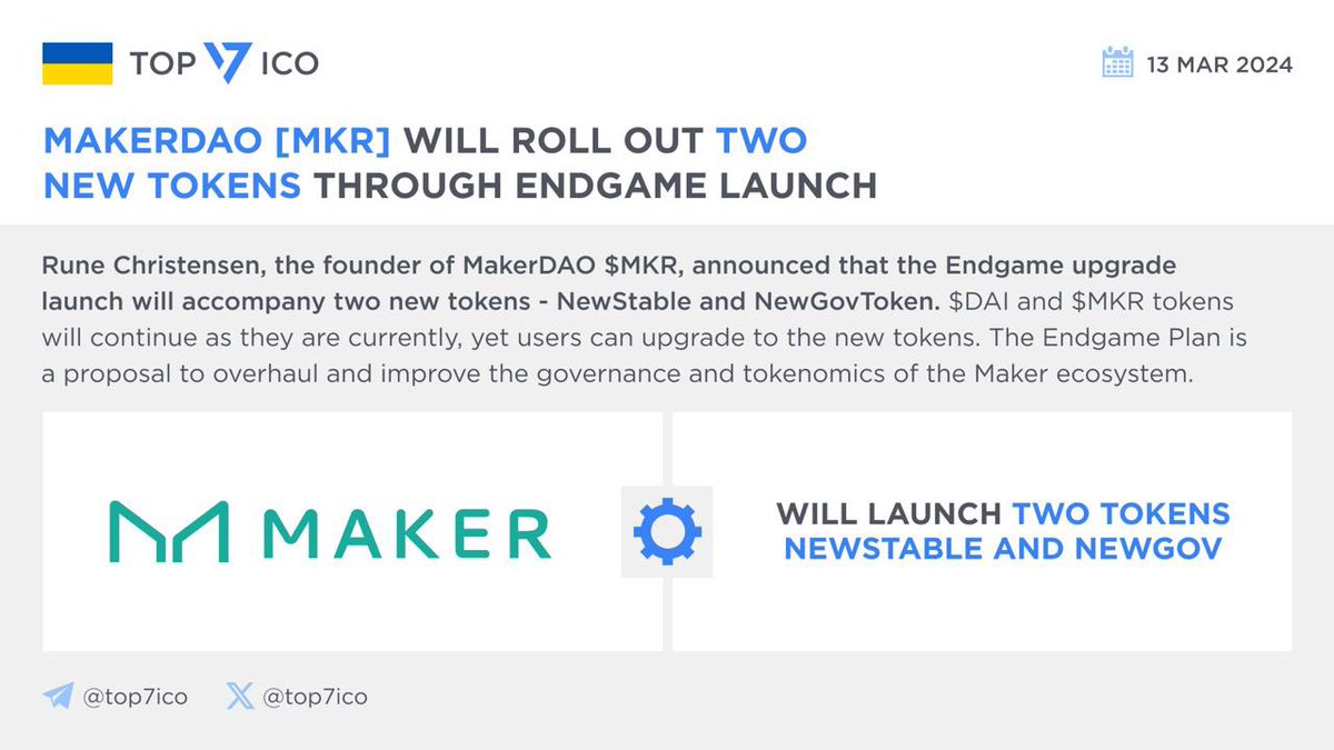 MakerDAO [MKR] will roll out two new tokens through Endgame launch Rune  Christensen, the founder of @MakerDAO $MKR, announced that the #Endgame  upgrade launch will accompany two new tokens - NewStable and