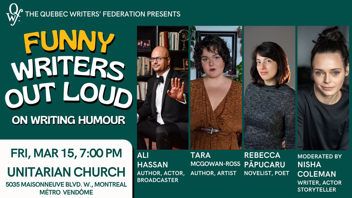 Sad to hear that #JustForLaughs 2024 isn't happening? Come to our comedy event on #ComedyWriting to fill the void! Friday, March 15, at 7 pm. Featuring Ali Hassan, Tara McGowan-Ross, Rebecca Păpucaru, and Nisha Coleman. RSVP to tell us you're coming 👇 qwf.org/event/funny-wr…
