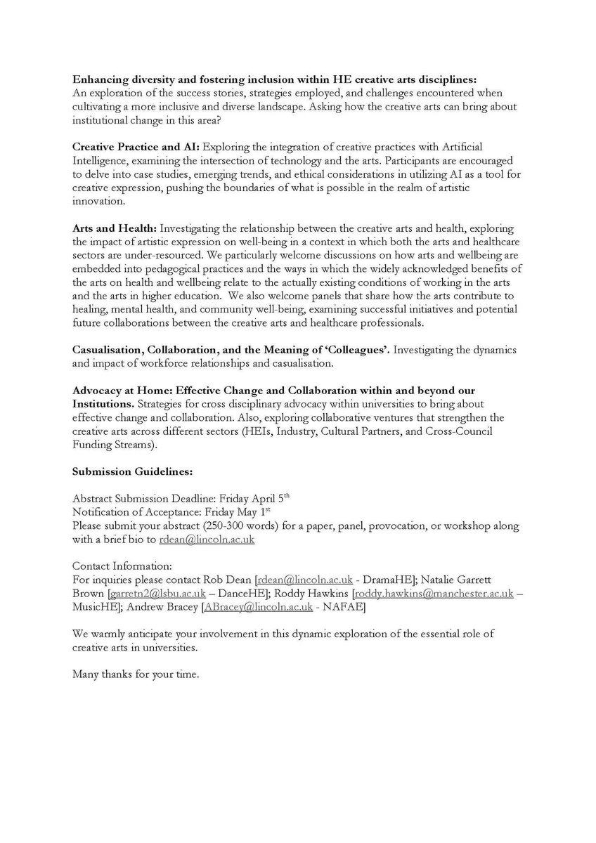 We are delighted to announce and invite you to this year’s conference which will bring together <a href="/dance_he/">DanceHE</a>, <a href="/DramaHE_UK/">DramaHE</a>, <a href="/MusicHigherEd/">MusicHE</a> and <a href="/NAFAE_news/">NAFAE</a> on 26-27 June 2024 at
University of Lincoln <a href="/unilincoln/">University of Lincoln, UK</a>.

We warmly invite your proposals.