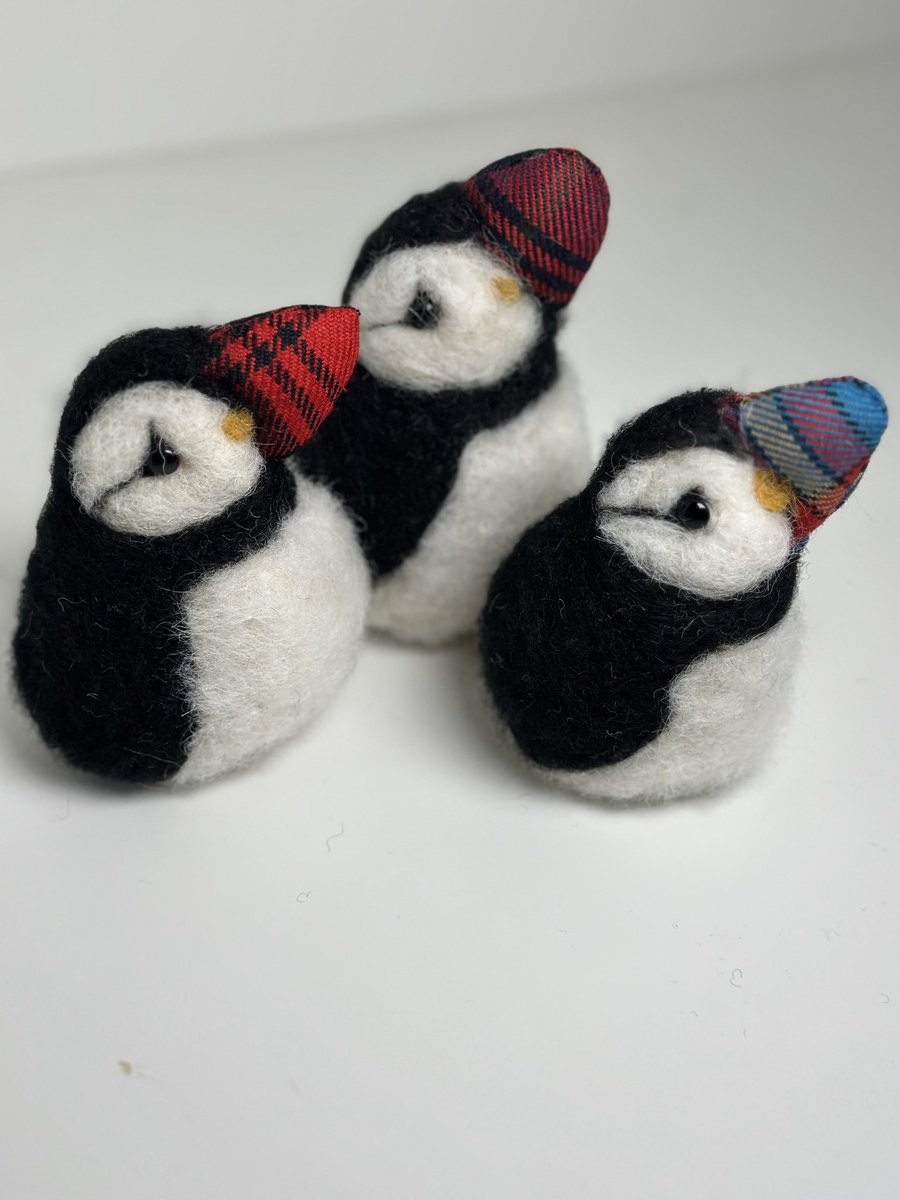 Needle felted puffins with lovely tartan beaks!