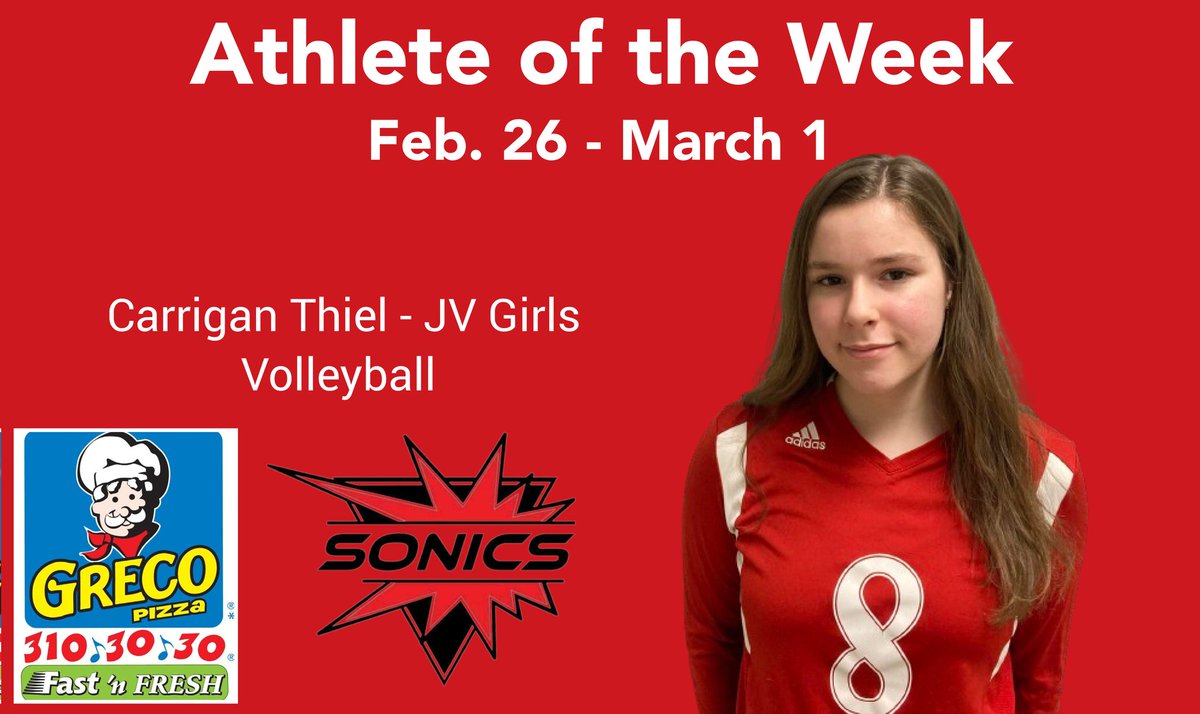 Congratulations, to Sonics' Athlete of the Week, Carrigan Thiel with JV Girls Volleyball!