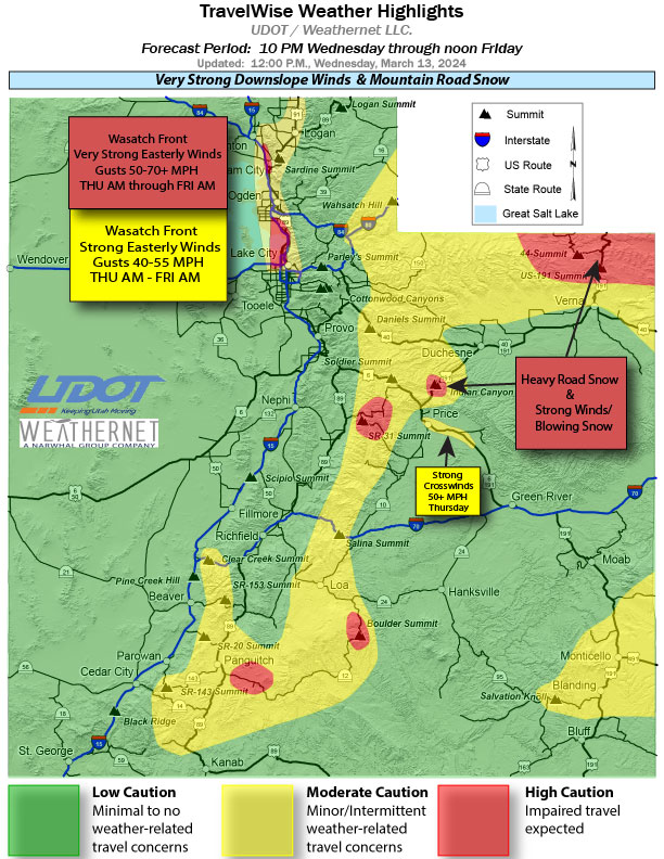 UDOTTRAFFIC's tweet image. Road Weather Alert:  Very Strong Downslope Winds &amp;amp; Mountain Road Snow Wednesday night through noon Friday.  For more information, please visit: udottraffic.utah.gov/roadweatherale… #utwx #utsnow #utwind @UtahTrucking