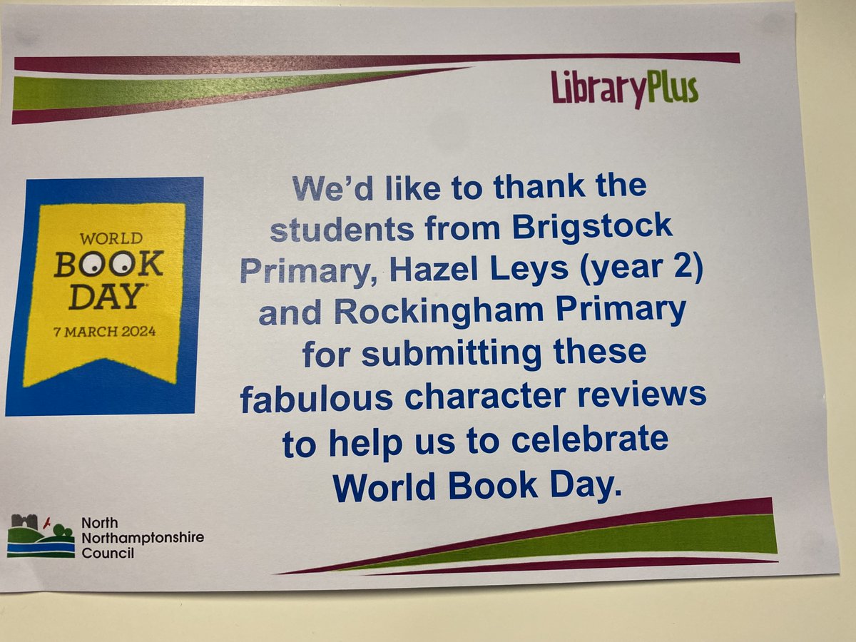 HazelLeysAcad's tweet image. As part of our World Book week celebrations, Year 2 wrote some fabulous character reviews from books that they have been reading for Corby library. We are so proud to see their hard work displayed within our local community. #furtureauthors #LoveCorby @Library_Plus