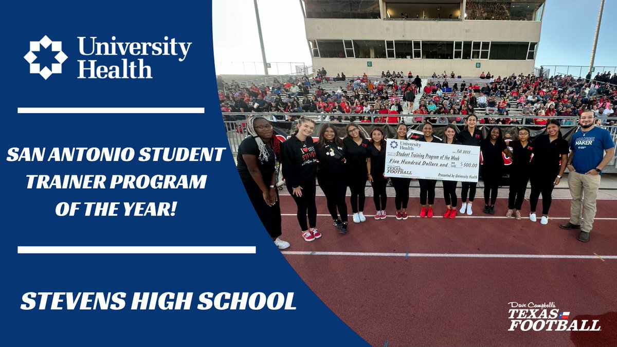 Dave Campbell's Texas Football — TexasFootball.com (@dctf) on Twitter photo Congratulations to <a href="/NISDSTEVENS/">NISDSTEVENS</a> on being named <a href="/UnivHealthSA/">University Health</a> San Antonio Student Trainer Program of the Year!!
<a href="/NISD/">Northside ISD</a> <a href="/NISD_Athletics/">NISD_Athletics</a> <a href="/FalconsAth/">Stevens Athletics</a> Congratulations to <a href="/NISDSTEVENS/">NISDSTEVENS</a> on being named <a href="/UnivHealthSA/">University Health</a> San Antonio Student Trainer Program of the Year!!
<a href="/NISD/">Northside ISD</a> <a href="/NISD_Athletics/">NISD_Athletics</a> <a href="/FalconsAth/">Stevens Athletics</a>