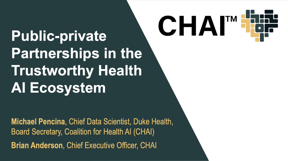 📣 Webinar recording and slides now available: 'Public-Private Partnerships in the Trustworthy Health AI Ecosystem' with Michael Pencina @PencinaPhd of @DukeAIHealth and Brian Anderson of the Coalition for Health AI @CHAI_nonprofit 🔗 bit.ly/3v0630h #pctGR