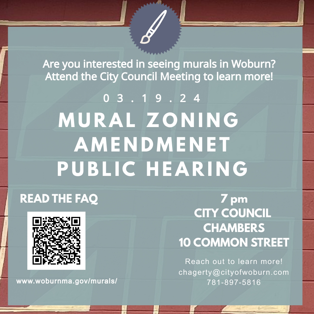 Want to see murals around Woburn? 🎨 On March 19th, the City Council is set to review a zoning amendment that could bring murals to all Commercial Zoning Districts. Dive into the details and see how you can support the initiative: woburnma.gov/murals/ #ArtInWoburn #Murals