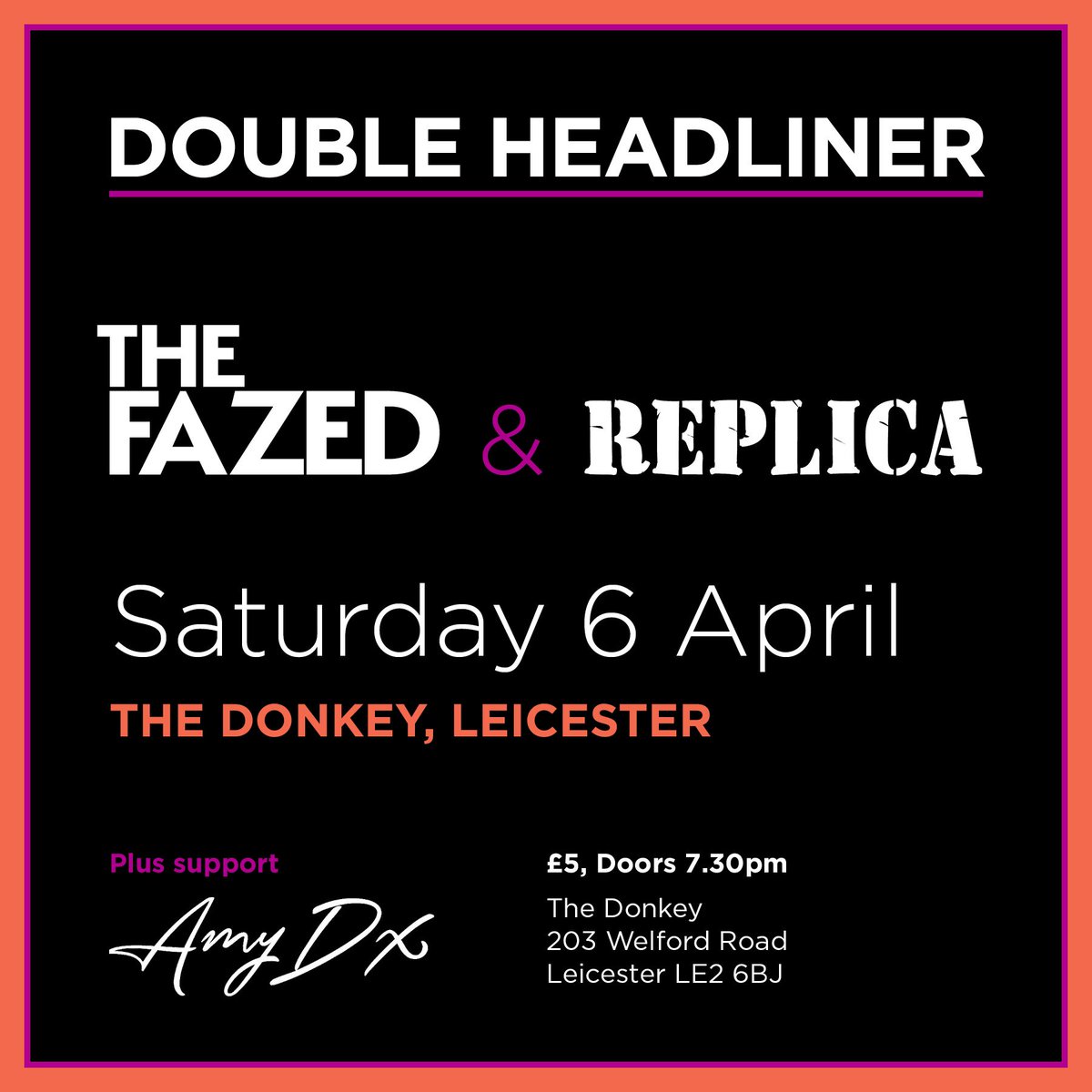 New poster for The Fazed and Replica double headliner with Amy Dx opening the show! 👊 #livemusic #leicestermusic #independentartist Artwork by Lucy Fox