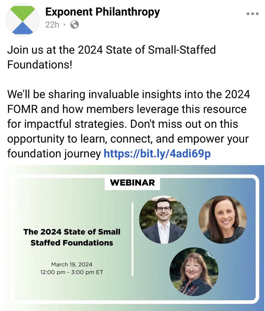 There are big, BIG opportunities for small-staffed foundations to have an impact... and we're excited to learn from <a href="/exponentphil/">Exponent Philanthropy</a> and share alongside Carla Romero, ED at McCune Charitable Foundation!

Hope to see you on 3/19 for the 2024 State of Small Staffed Foundations!