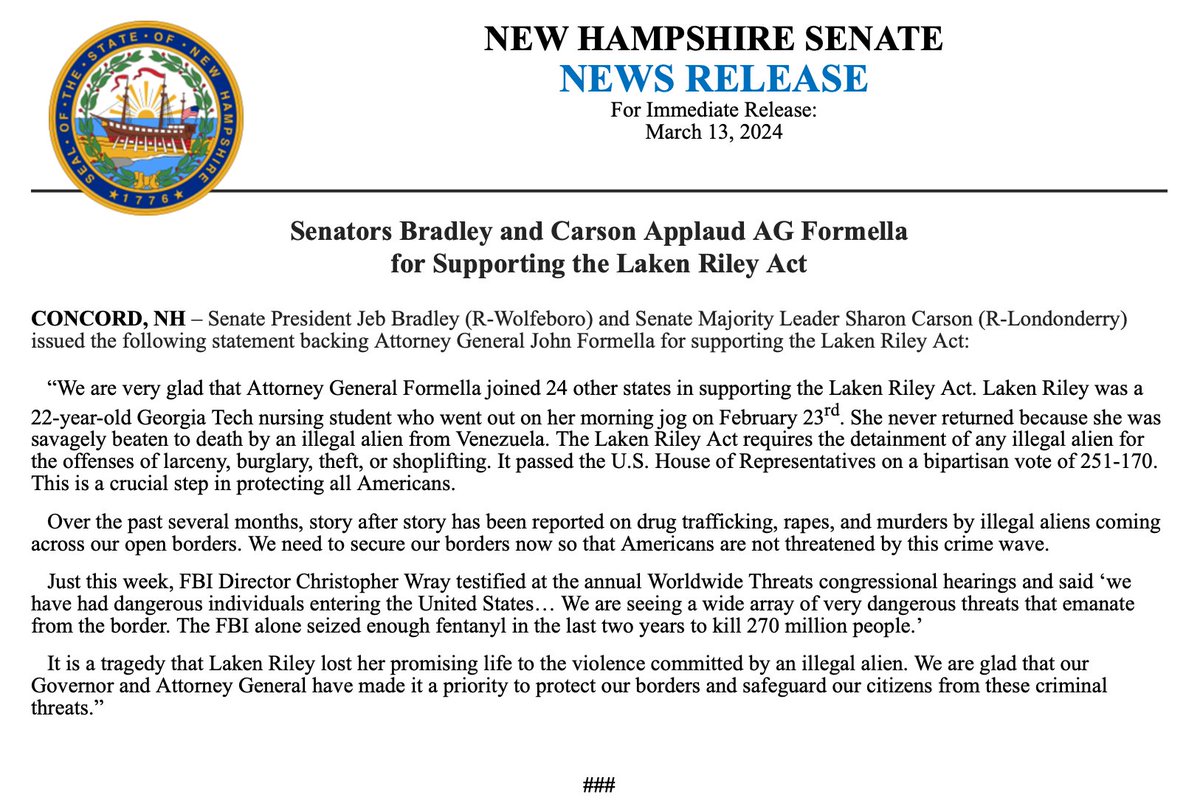 Senators @SenJeb and Sharon Carson Applaud AG Formella for Supporting the Laken Riley Act