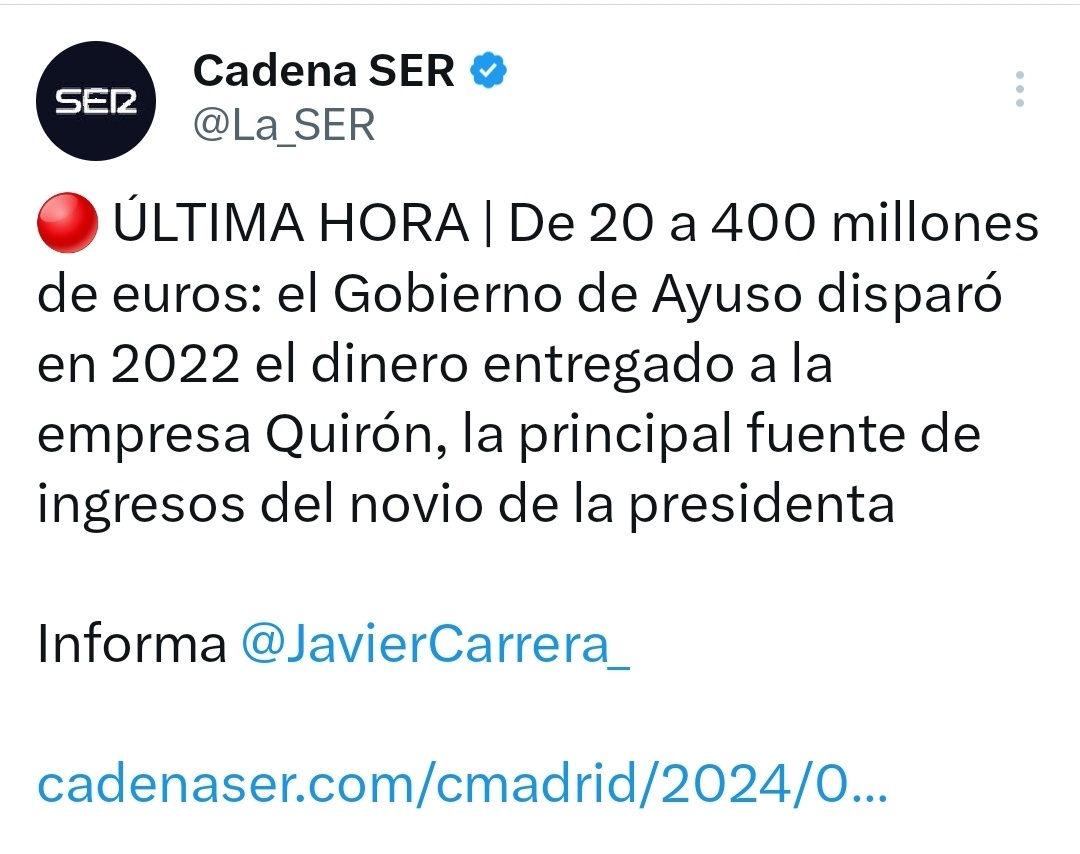 Tus impuestos acabaron en el bolsillo de su novio previo paso por subvenciones a la sanidad privada. Mientras, en la pública, no se permitía la entrada de ancianos que morían asfixiados. Y la prensa a la que también unta con tu dinero, no le pedirá que dimita, claro. Libertad 🤡