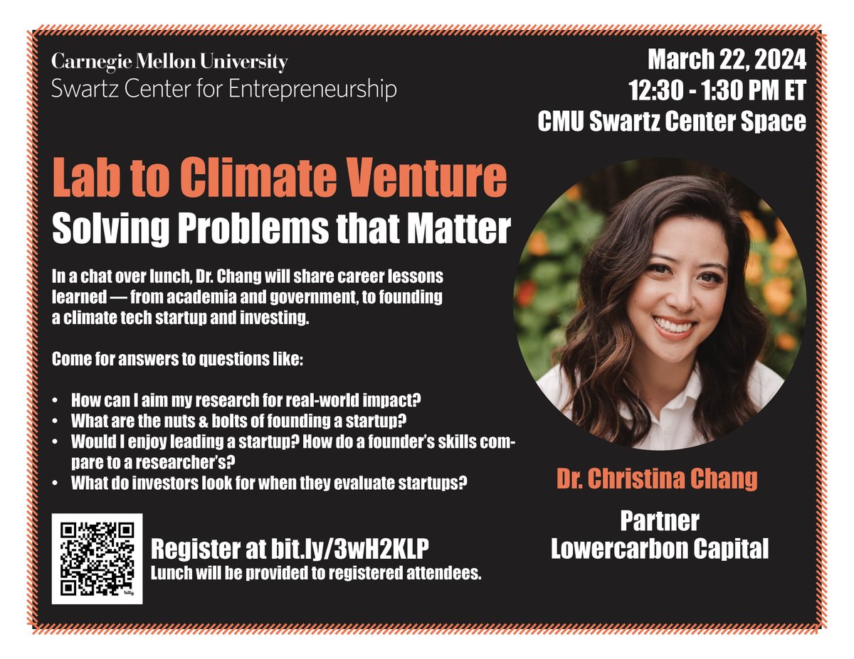 Join us on Friday, March 22 for an exciting and informative talk with Dr. Christina Chang, partner at @lowercarbon, 'Lab to Climate Venture: Solving Problems That Matter'! Save your spot and register here! bit.ly/3wH2KLP *LUNCH PROVIDED!