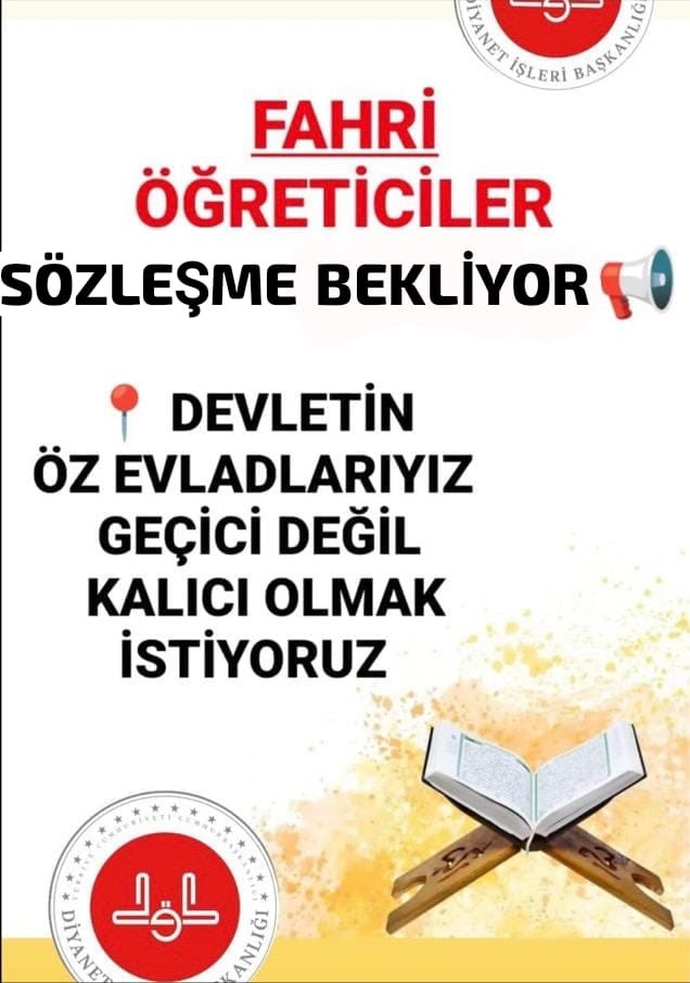 Fahri Kur'an Kursu öğreticileri olarak her yıl mülakata girerek, iki yılda bir kpss ve dhbt sınavlarına girerek görev alabiliyoruz.
#sözleşme li olmak istiyoruz.

#FahrilerSecimÖncesiDuyulmalı

<a href="/RTErdogan/">Recep Tayyip Erdoğan</a> <a href="/dbdevletbahceli/">Devlet Bahçeli</a> <a href="/memetsimsek/">Mehmet Simsek</a>
<a href="/_cevdetyilmaz/">Cevdet Yılmaz</a> <a href="/murat_kurum/">Murat KURUM</a> <a href="/AvOzlemZengin/">Av. Özlem Zengin 🇹🇷</a>