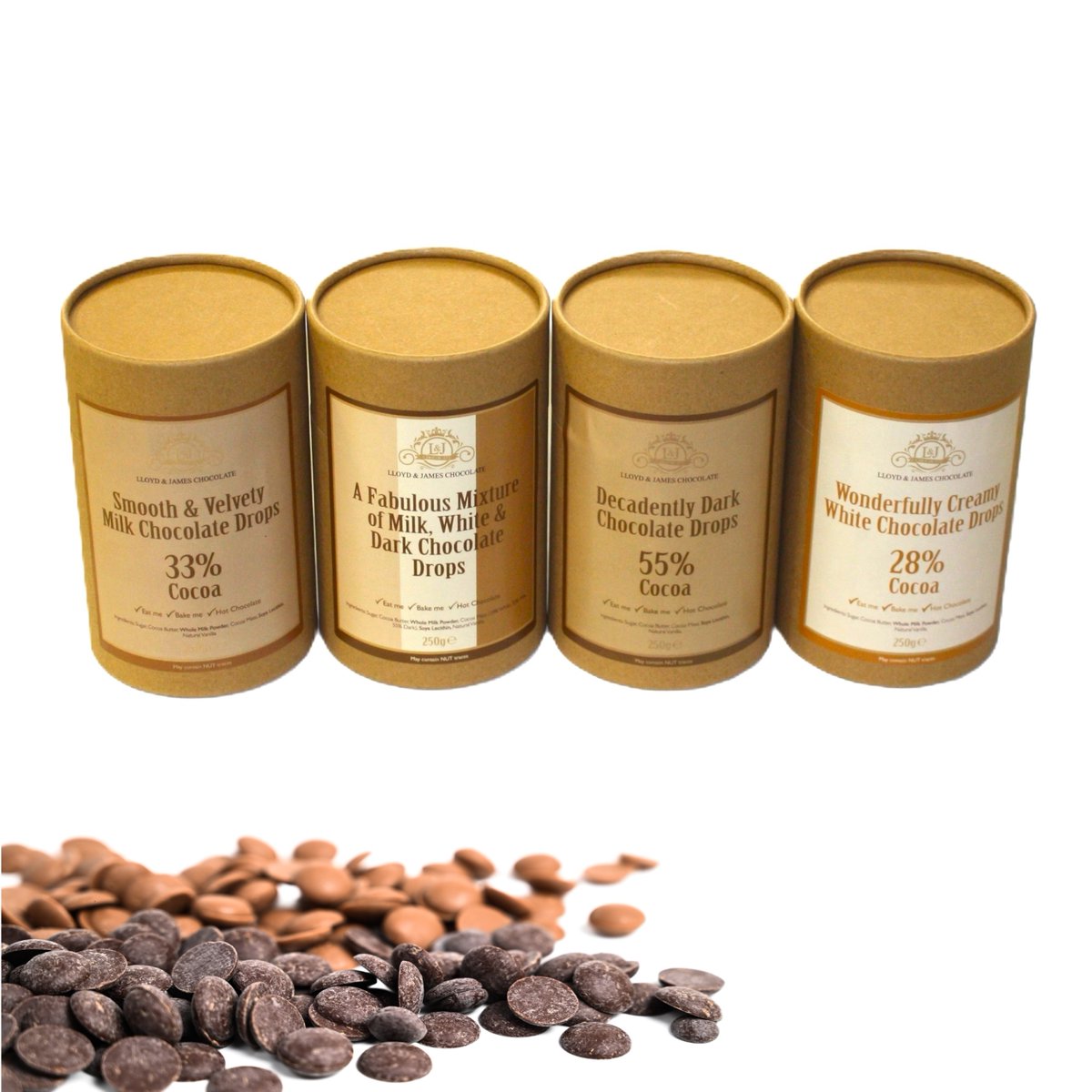 Some more of our chocolate drop varieties. Dark, white, milk or if you can't decide a mixture of all three.