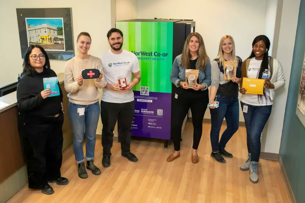 Winnipeg now has an @OurHealthboxMAP! Developed by researchers at St. Michael's Hospital's @MAP_Health, the vending machine will distribute free needs including naloxone kits, HIV tests and smudge kits. The box can be found at @NorWestCoop. winnipegfreepress.com/breakingnews/2…