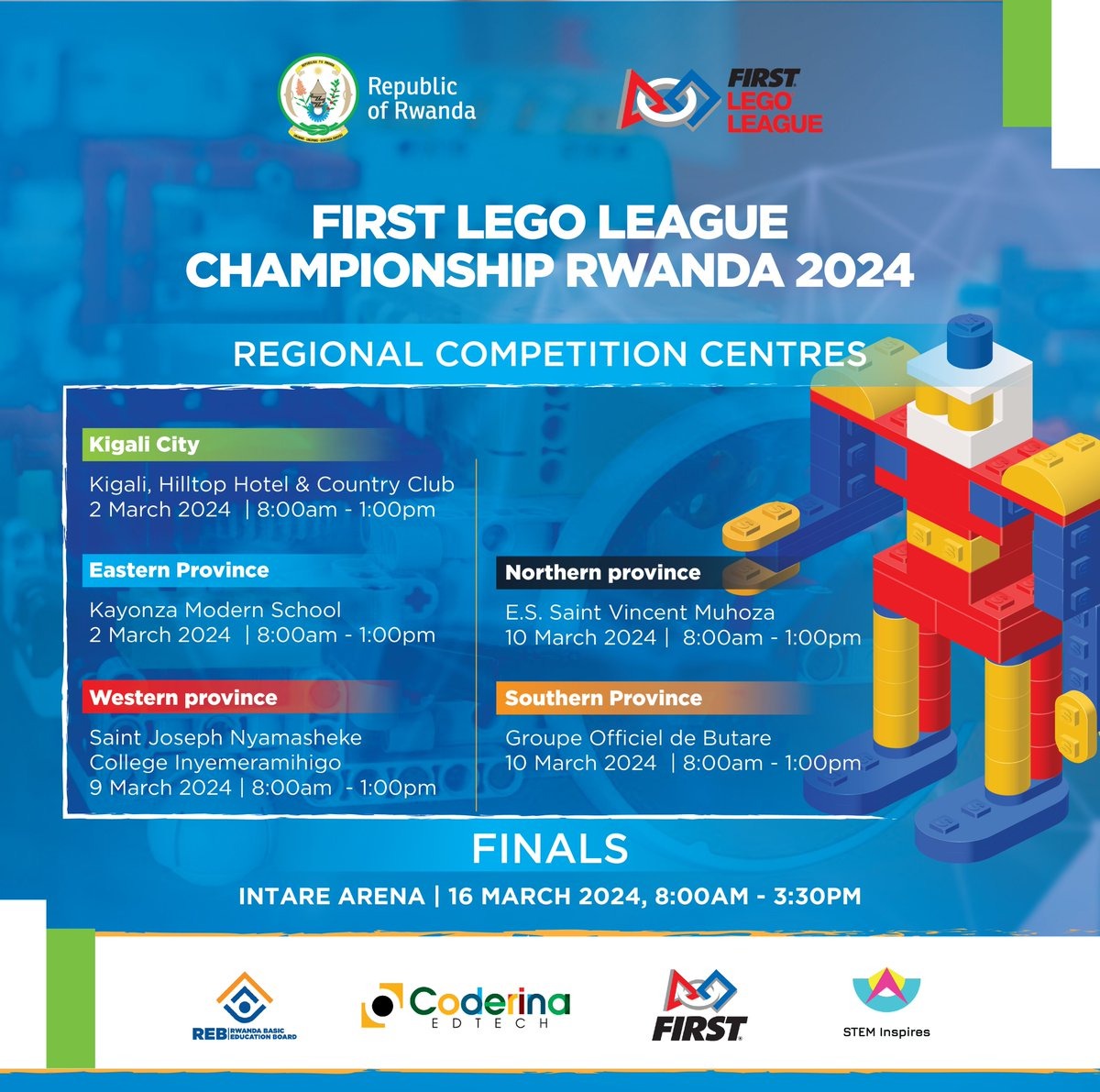 After months of preparations, the final #FirstLegoLeague Rwanda Championship is happening this Saturday @IntareArena! Stay tuned and may the best team win!