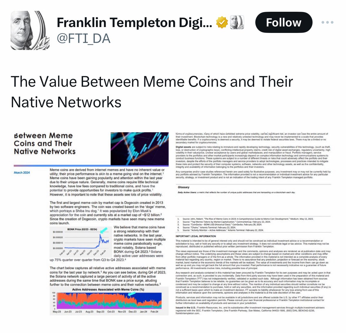 Ministerr's tweet photo. Franklin Templeton talking about meme coins.

You’re not bullish enough. https://t.co/79z8wOFiGl