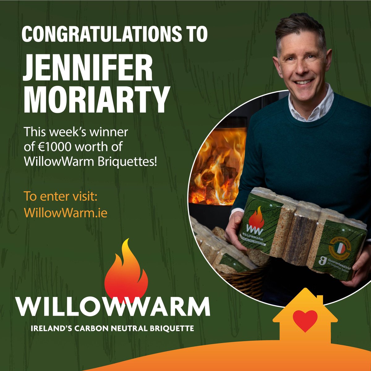 This week’s winner of €1,000 worth of #WillowWarm #Briquettes is Jennifer Moriarty 👏 

More chances to win PLUS a private home consultation with Dermot Bannon. 

willowwarm.ie/uncategorized/…

#CarbonNeutral #EnvironmentallyFriendly #Sustainability #EPAregistered #GuaranteedIrish