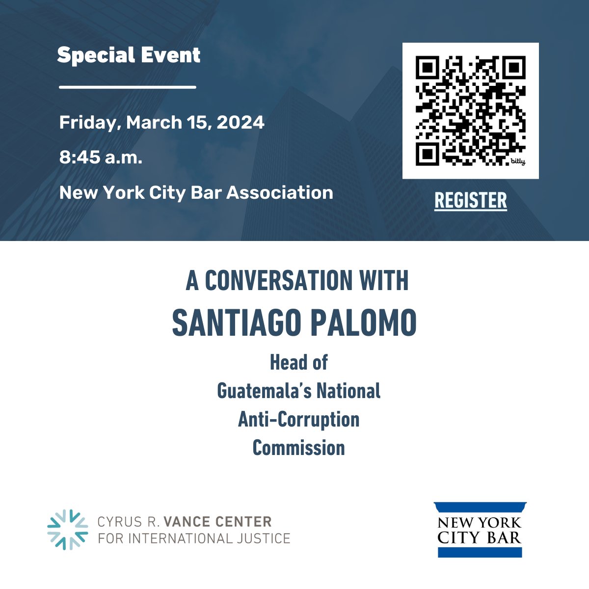 Join the Vance Center and the @NYCBarAssn this Friday for a conversation with Santiago Palomo, Guatemala's new anti-corruption commissioner. 🇬🇹 🗓️ Friday, March 15 🕘 8:45 a.m. 📍New York City Bar Association ➡️ Space is limited, please register at: bit.ly/nycBA315