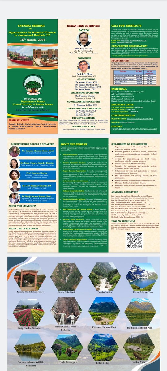eutierriacuj's tweet photo. National Seminar on Opportunities for Botanical Tourism in Jammu and Kashmir, UT is being held on 15th March 2024. It is organised by the Dept of Botany, CUJ in collaboration with Eutierria-The Botanical Society. https://t.co/7R3m46otMK