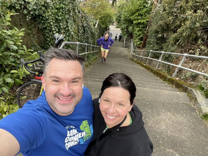 Coe_Aaron's tweet photo. Ok, here’s the deal for @BigClimbSeattle. Starting Thursday, I will climb the 388 steps at Howe Street, once and hour, every hour, 24 hours per day, until I either reach my fundraising goal of $10,000 or my team reaches $15,000. https://t.co/VaGjstBvnN https://t.co/I4PfAXkZq4