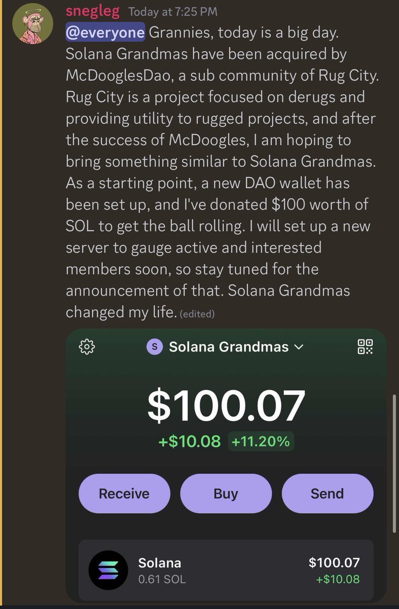 We’ve acquired <a href="/SolGrandmasNFT/">Solana Grandmas</a> !

Come join Discord and check the announcement below:

discord.gg/yE3eDqtNBs