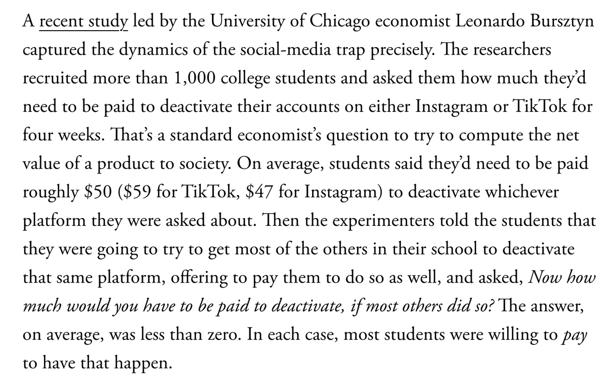 davidzweig's tweet image. A remarkable study. Most young people would prefer for themselves and their peers to not be on social media. In fact, they hate it so much that they'd be willing to pay to make this happen. But they are stuck on TikTok and Insta because everyone is on it.