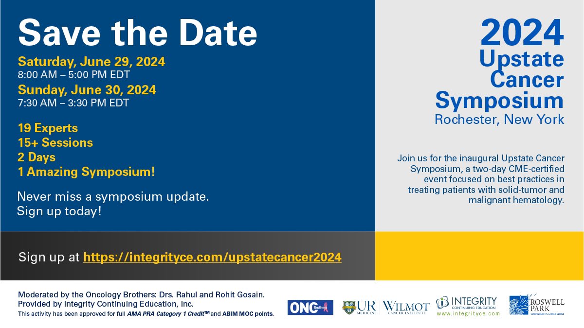 Upstate NY Cancer Symposium in June 2024! 1.5 days to focus and discuss SoC on the most commonly treated solid tumors and hematologic malignancies in the community.  

Register at bit.ly/3N7QYiW 

Faculty: <a href="/DrR_DUNNE/">Richard Dunne, MD</a> <a href="/DrSGraff/">Stephanie Graff, MD, FACP, FASCO</a> <a href="/StephenVLiu/">Stephen V Liu, MD</a> <a href="/gandhi_shipra/">Shipra Gandhi</a> @MattGalsky